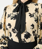 Unique Vintage Taupe & Black Floral Long Sleeve Gwen Blouse - Unique Vintage - Womens, TOPS, WOVEN TOPS