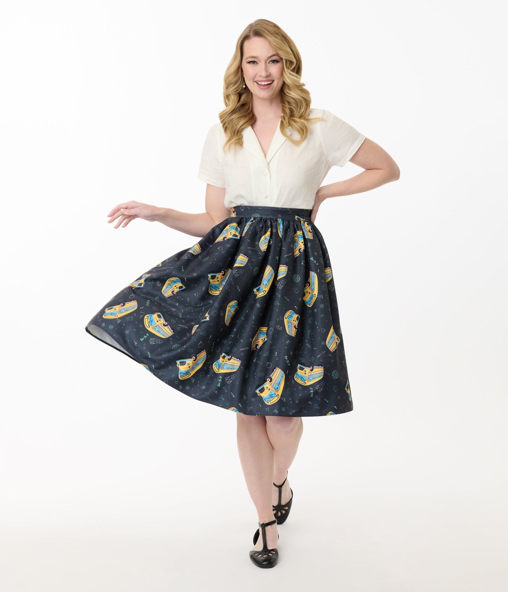 Unique Vintage Teacher Appreciation Navy & School Bus Print Gellar Swing Skirt - Unique Vintage - Womens, BOTTOMS, SKIRTS