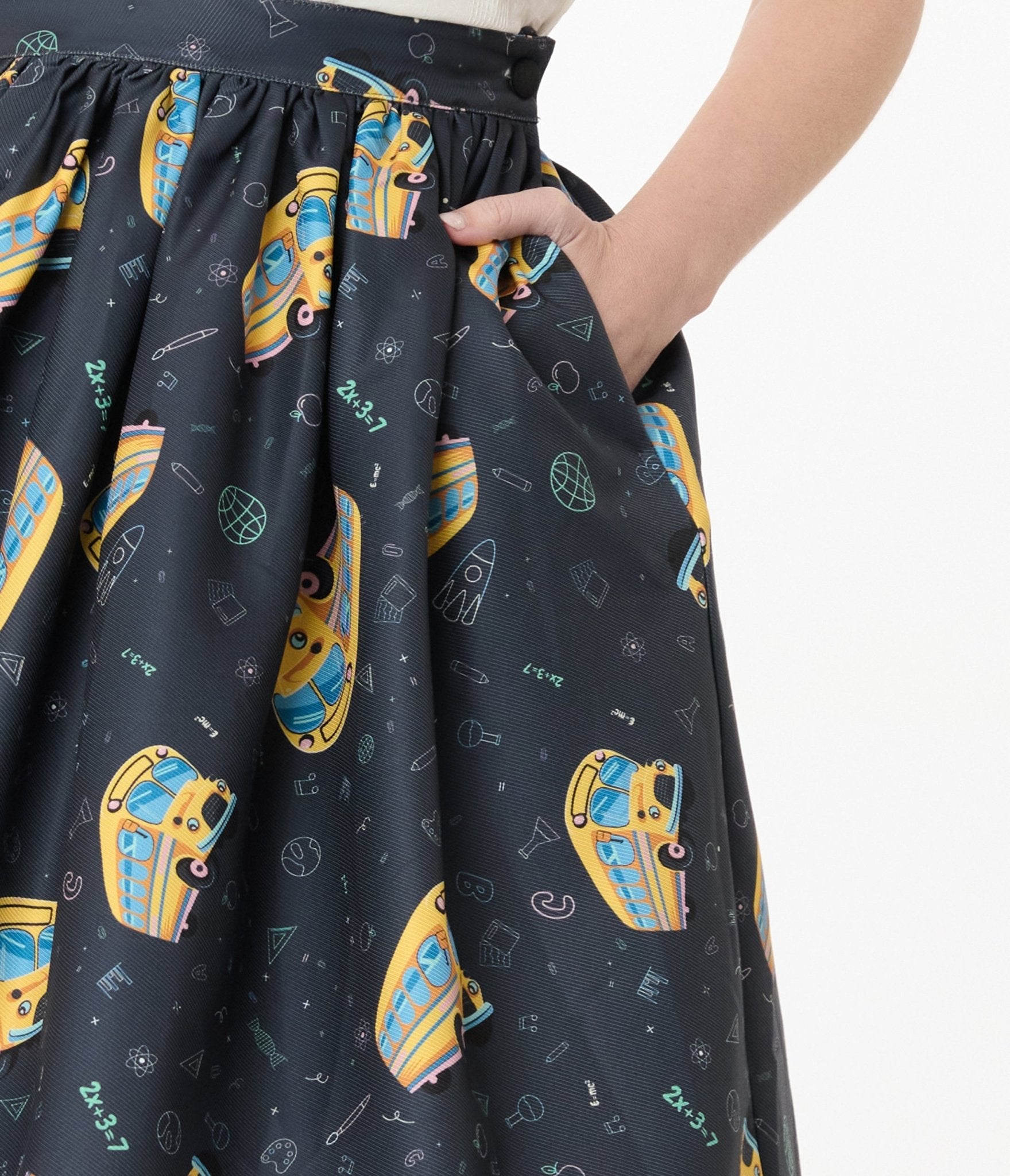Unique Vintage Teacher Appreciation Navy & School Bus Print Gellar Swing Skirt - Unique Vintage - Womens, BOTTOMS, SKIRTS