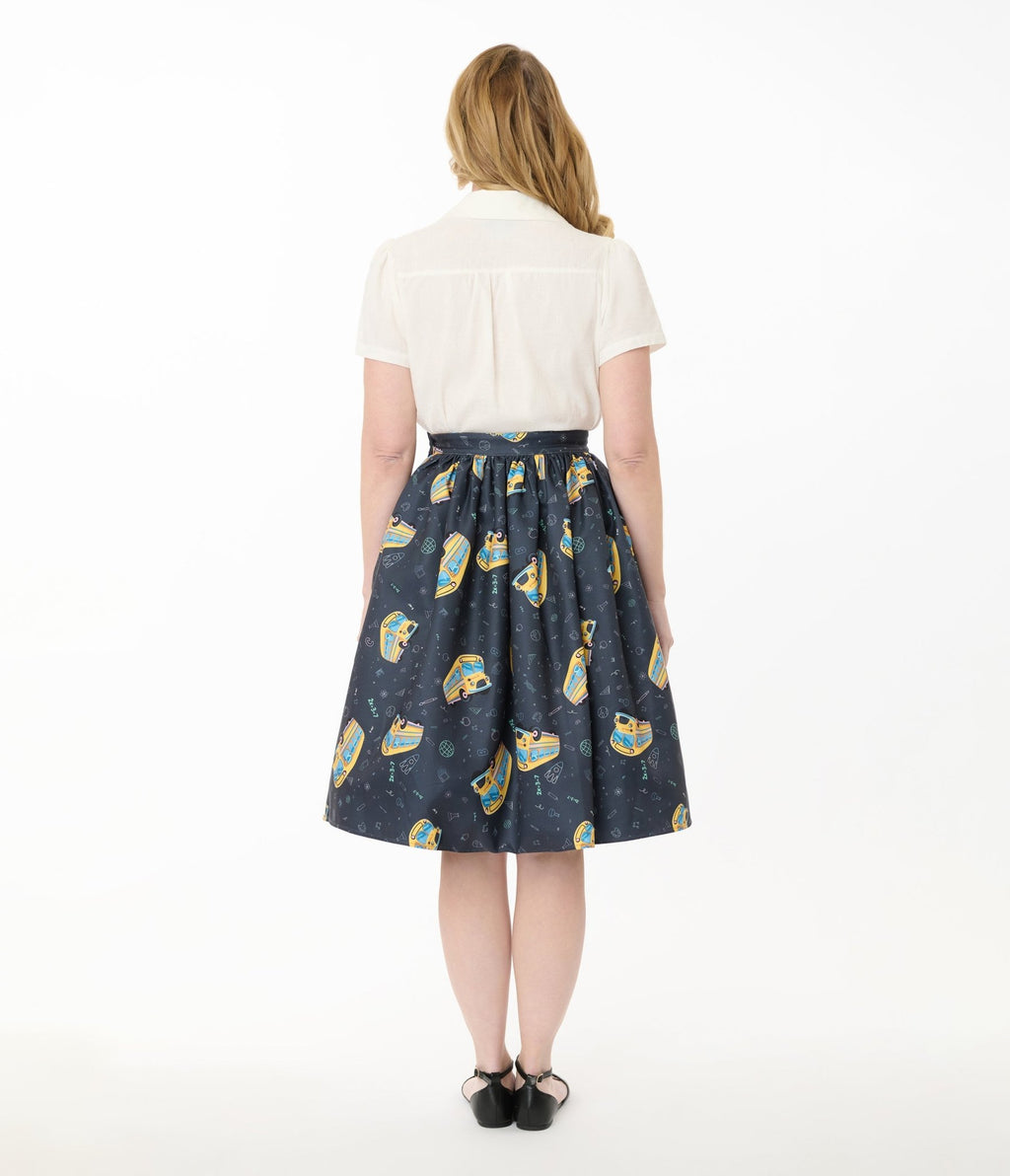 Unique Vintage Teacher Appreciation Navy & School Bus Print Gellar Swing Skirt - Unique Vintage - Womens, BOTTOMS, SKIRTS