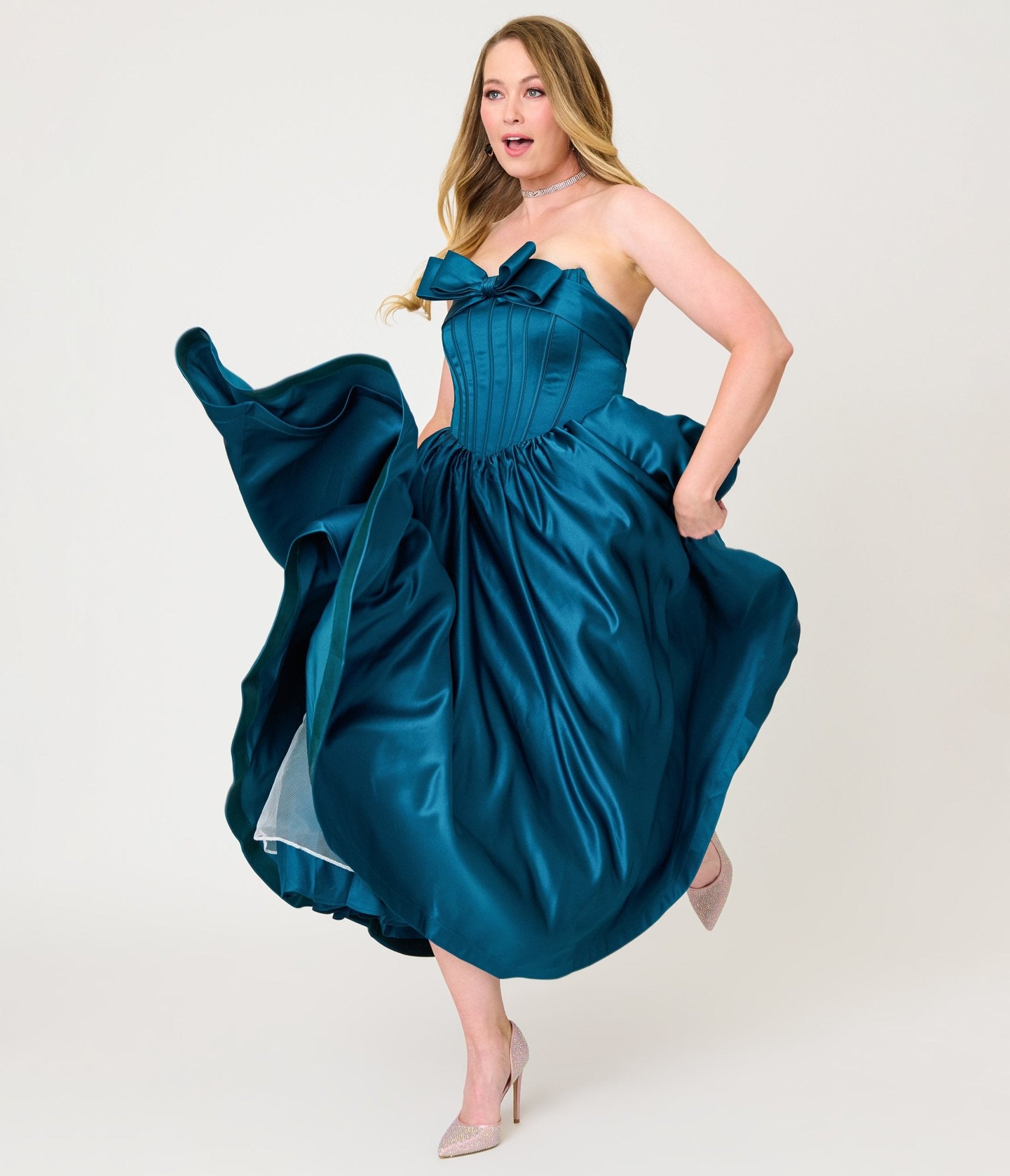 Unique Vintage Teal Bow Strapless Tea Length Gown