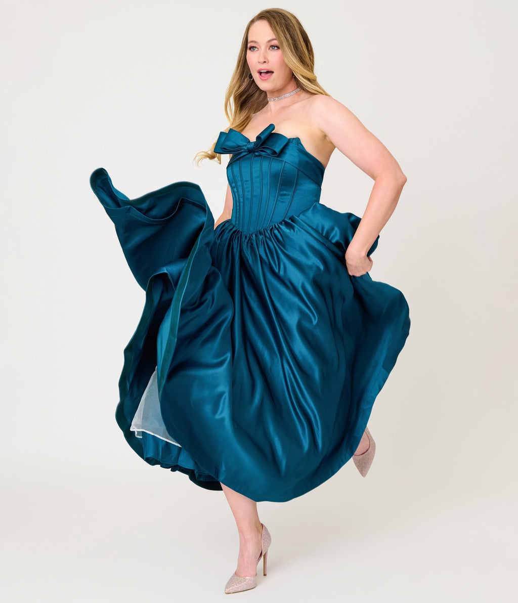 Unique Vintage Teal Bow Strapless Tea Length Gown - Unique Vintage - Womens, DRESSES, PROM AND SPECIAL OCCASION