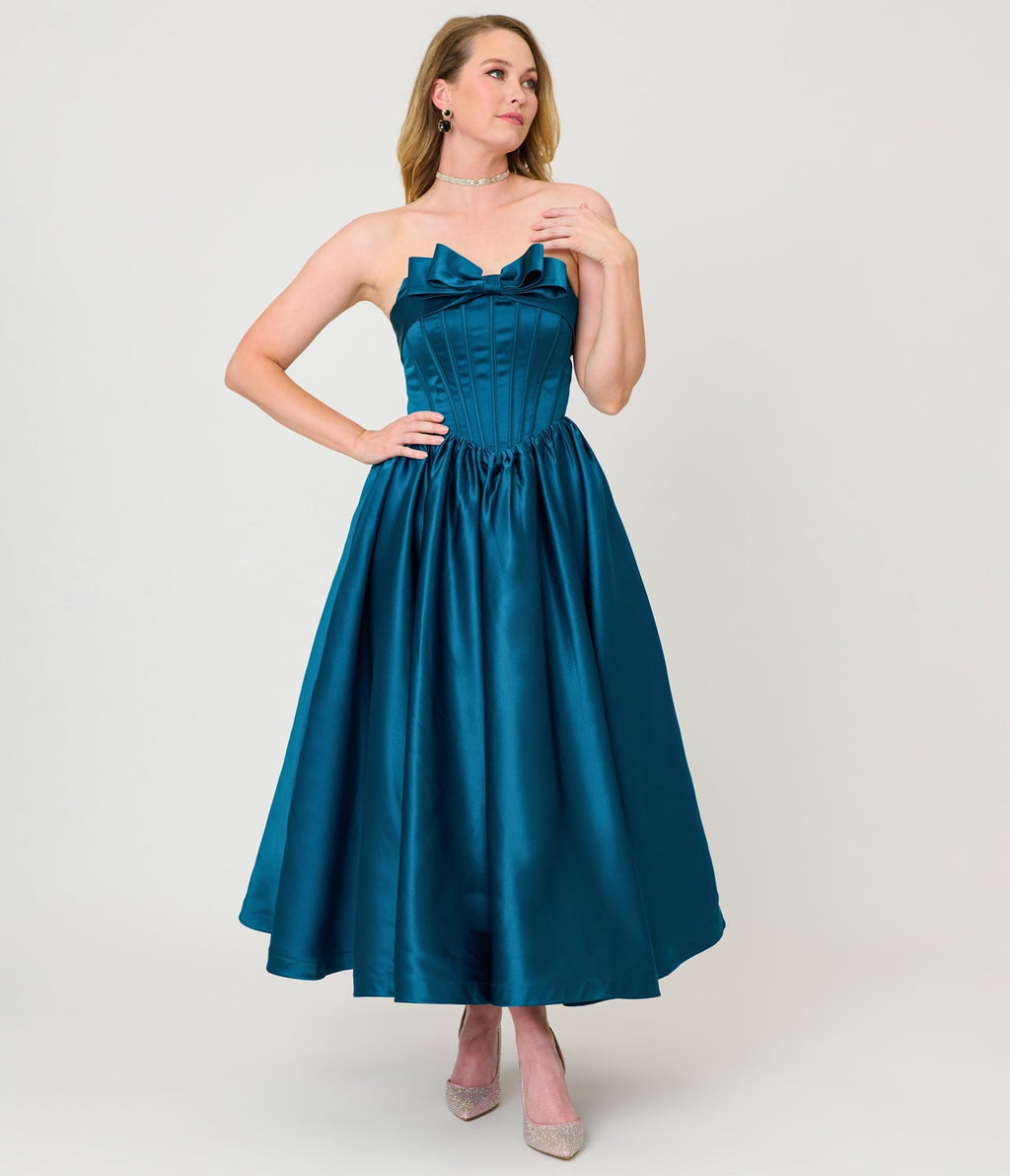 Unique Vintage Teal Bow Strapless Tea Length Gown