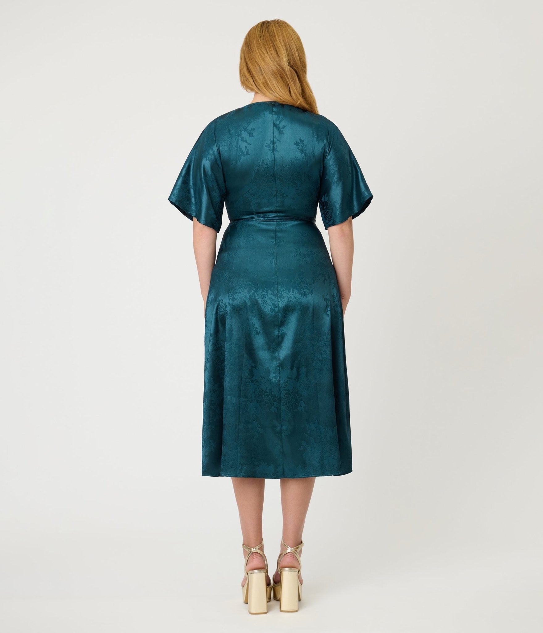 Unique Vintage Teal Floral Brocade Wrap Midi Dress Unique Vintage Teal Floral Brocade Wrap Midi Dress