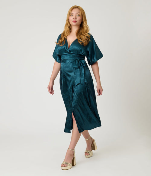teal floral midi dress Unique Vintage Teal Floral Brocade Wrap Midi Dress