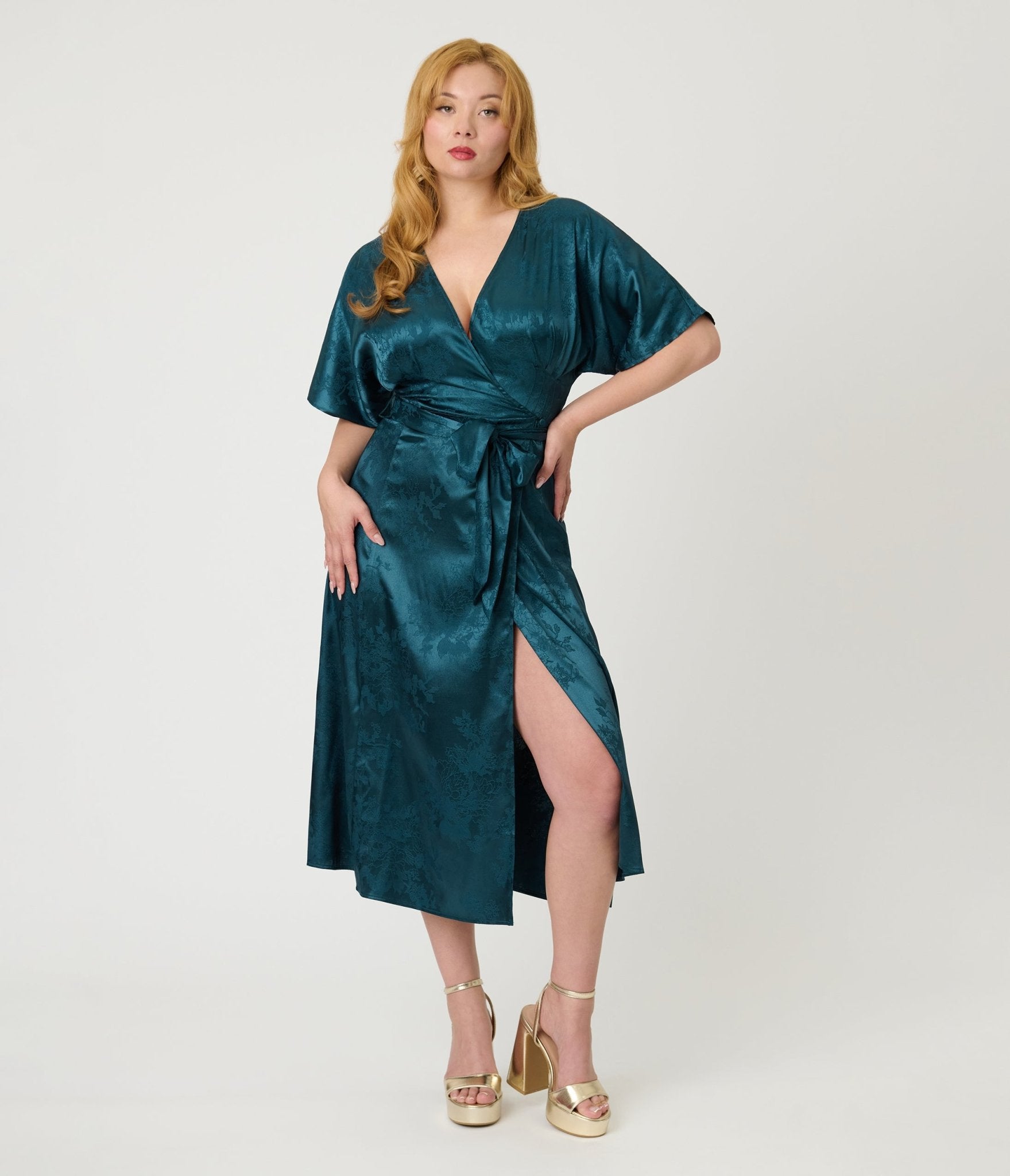 Unique Vintage Teal Floral Brocade Wrap Midi Dress Unique Vintage Teal Floral Brocade Wrap Midi Dress