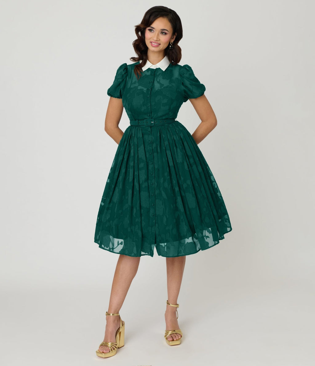Unique Vintage Teal Floral Jacquard Hollie Swing Dress - Unique Vintage - Womens, DRESSES, SWING