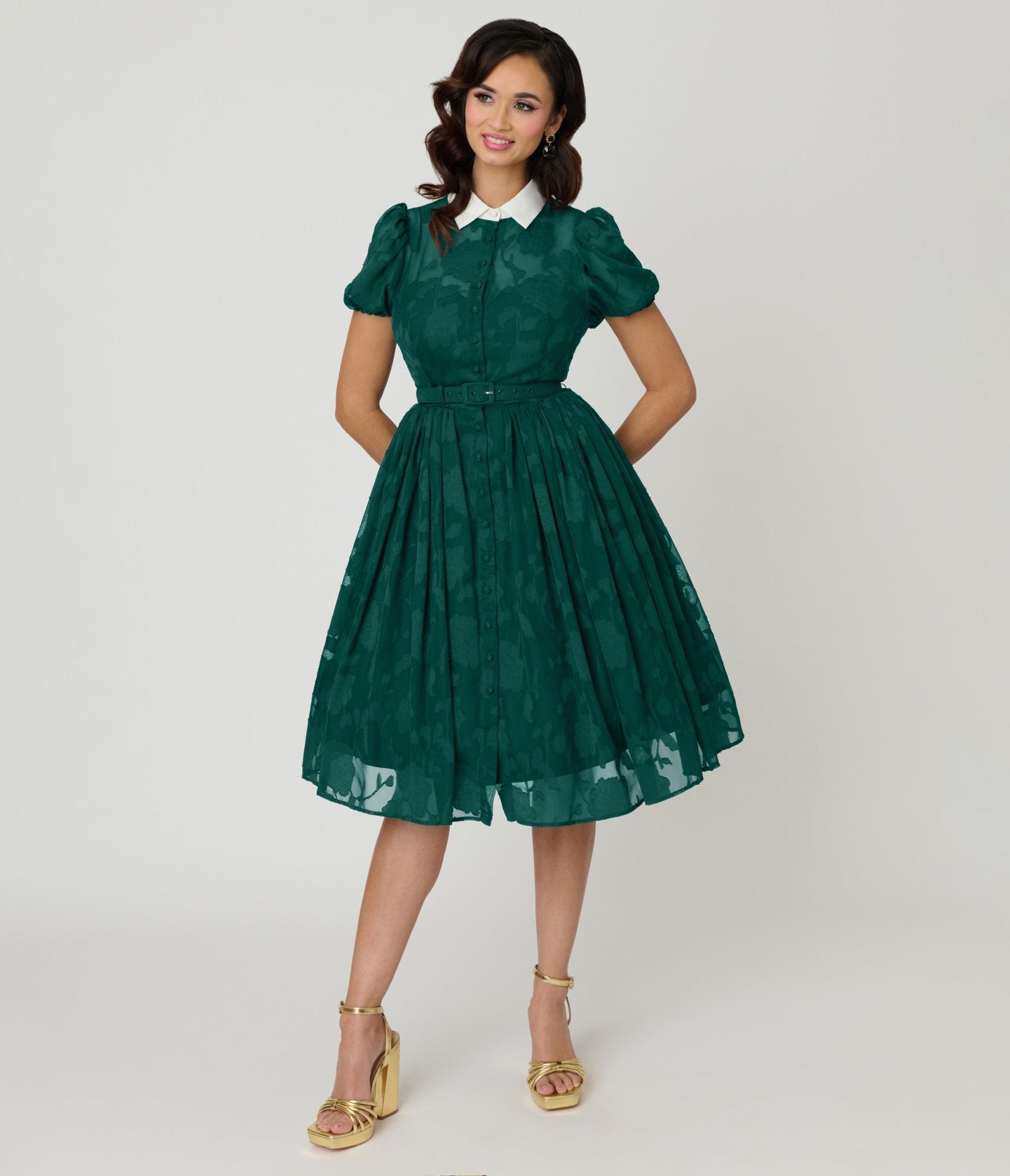 Unique Vintage Teal Floral Jacquard Hollie Swing Dress - Unique Vintage - Womens, DRESSES, SWING