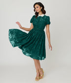 Unique Vintage Teal Floral Jacquard Hollie Swing Dress - Unique Vintage - Womens, DRESSES, SWING
