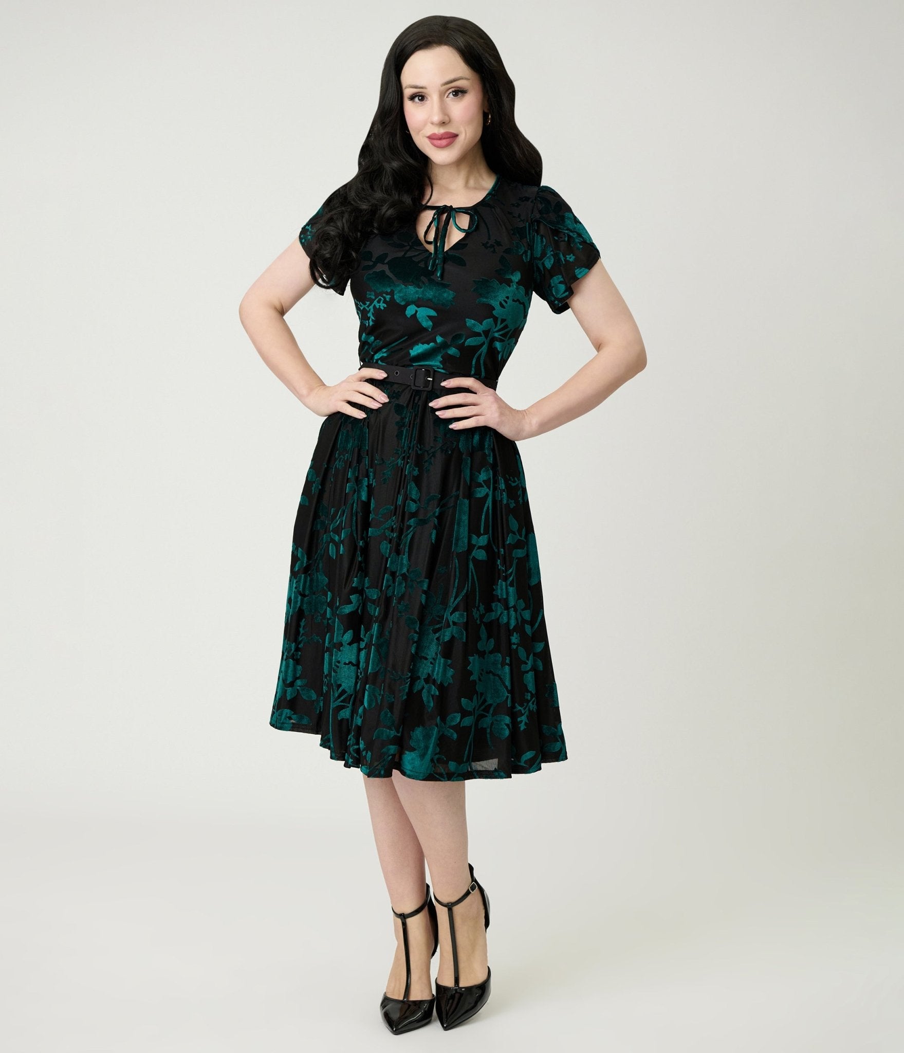 Unique Vintage Teal Floral Velvet Burnout Dahlia Swing Dress Unique Vintage Teal Floral Velvet Burnout Dahlia Swing Dress