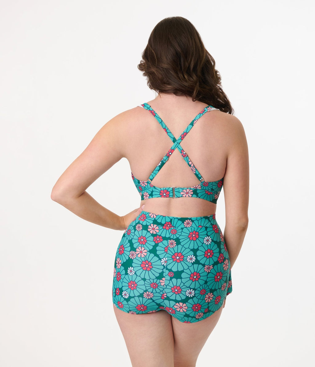 Unique Vintage Teal Flower Child Halter Swim Top - Unique Vintage - Womens, SWIM, TOP