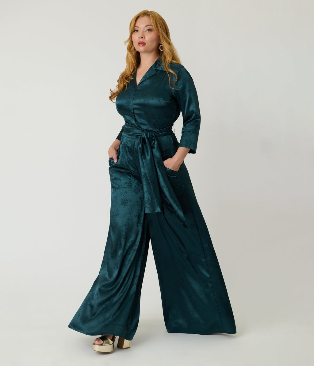Unique Vintage Teal Jacquard Satin Flare Jumpsuit - Unique Vintage - Womens, BOTTOMS, ROMPERS AND JUMPSUITS