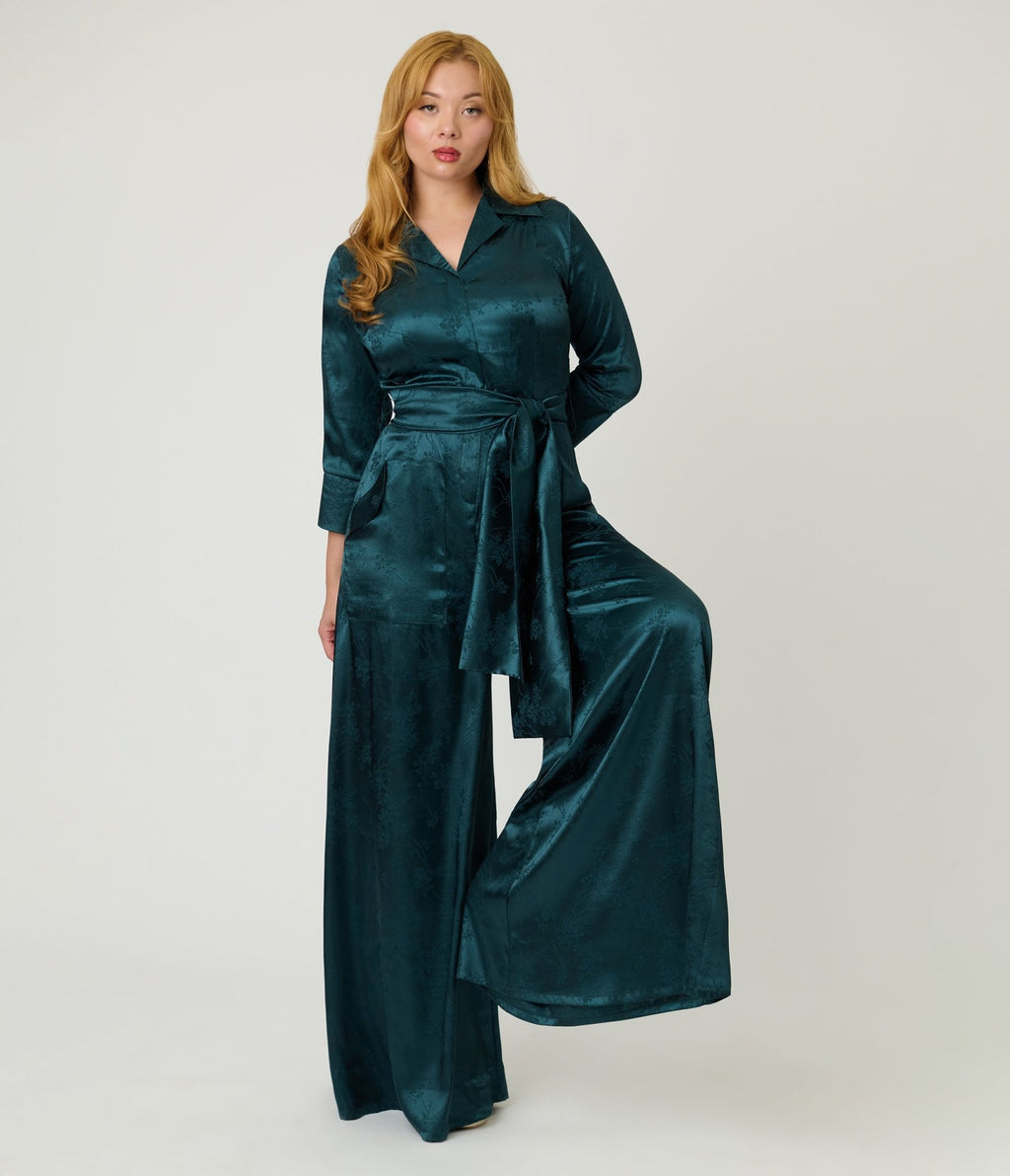 Unique Vintage Teal Jacquard Satin Flare Jumpsuit - Unique Vintage - Womens, BOTTOMS, ROMPERS AND JUMPSUITS