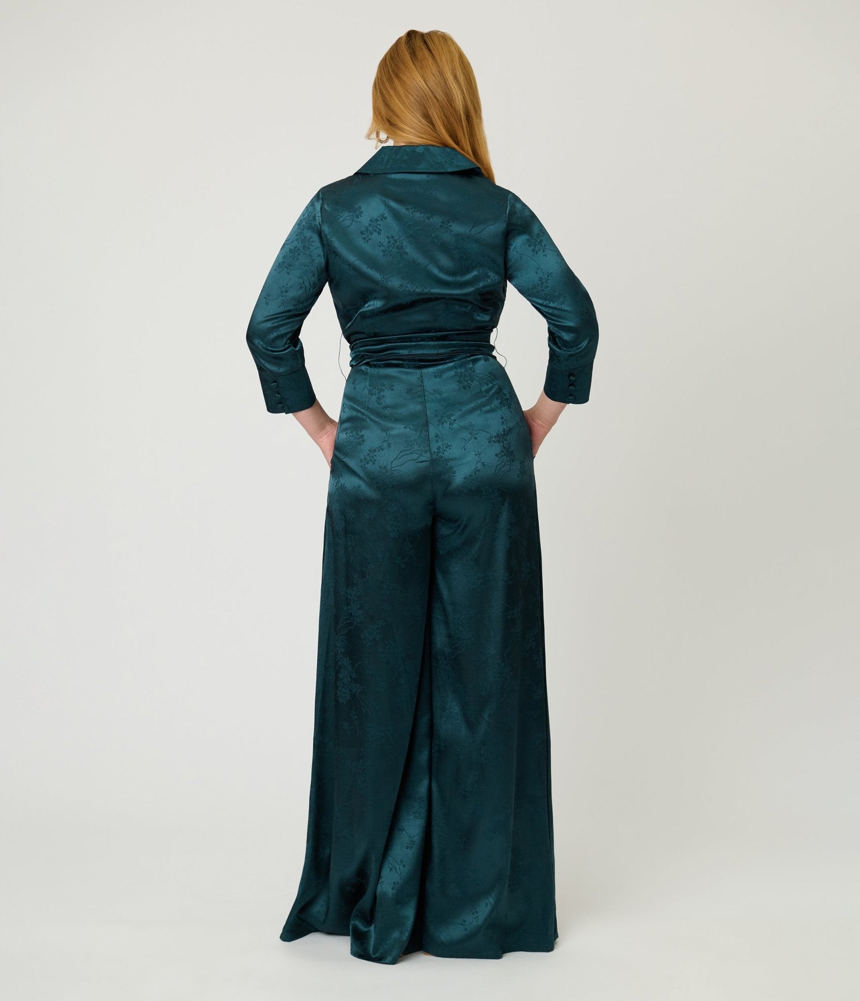Unique Vintage Teal Jacquard Satin Flare Jumpsuit