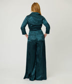 Unique Vintage Teal Jacquard Satin Flare Jumpsuit - Unique Vintage - Womens, BOTTOMS, ROMPERS AND JUMPSUITS