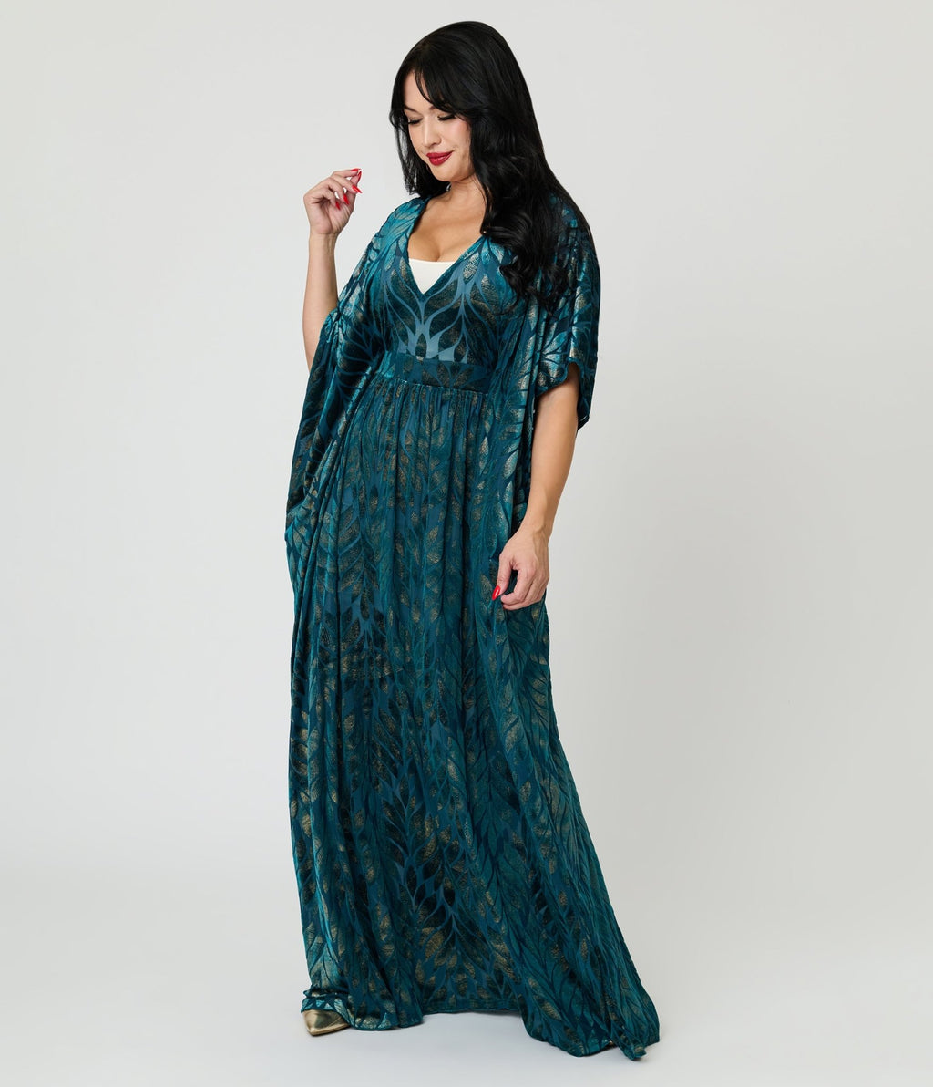 Unique Vintage Teal Leaf Burnout Burton Caftan - Unique Vintage - Womens, DRESSES, CAFTAN
