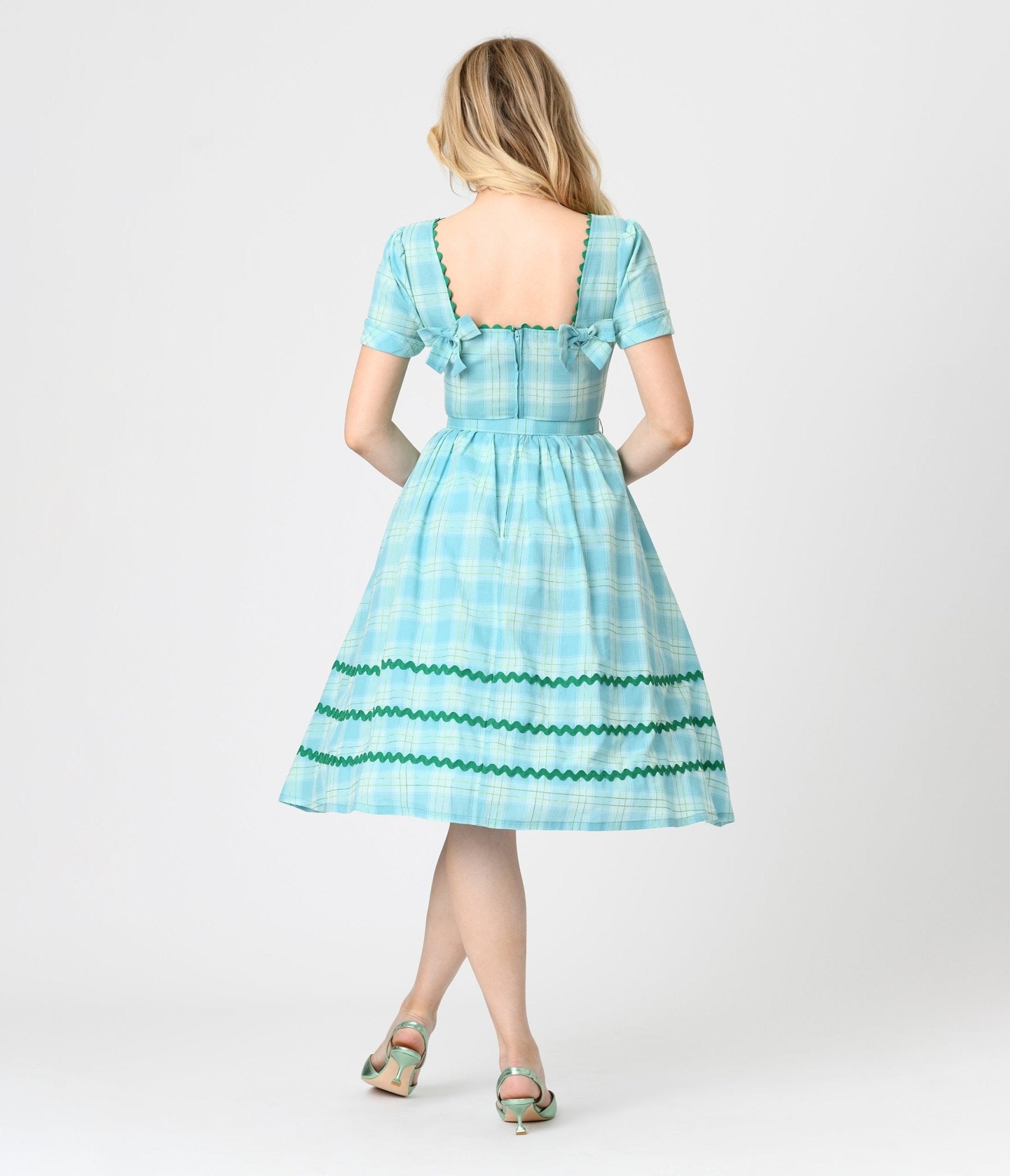 Unique Vintage Teal Plaid & Green Cotton Swing Dress