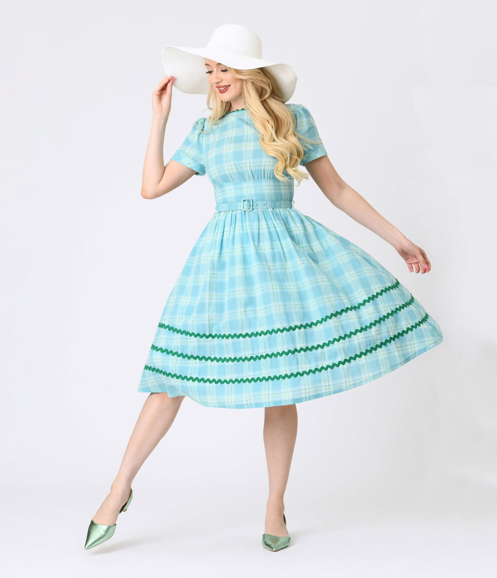 Unique Vintage Teal Plaid & Green Cotton Swing Dress
