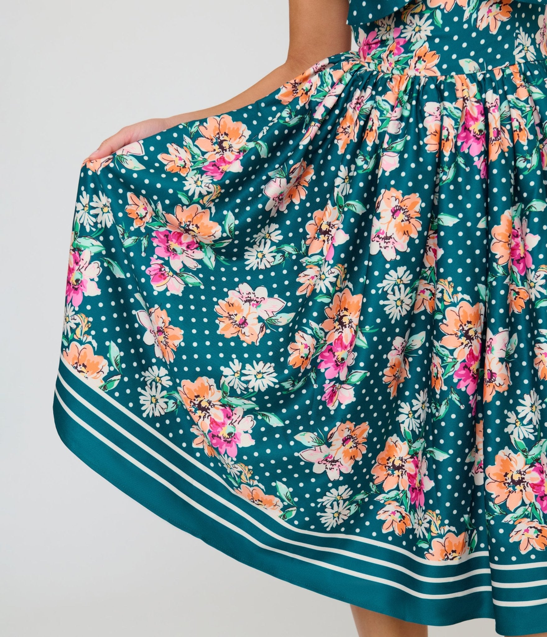Unique Vintage Teal Polka Dot & Floral Bow Sweetheart Swing Dress - Unique Vintage - Womens, DRESSES, SWING