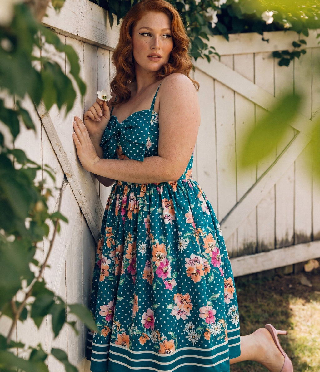 Unique Vintage Teal Polka Dot & Floral Bow Sweetheart Swing Dress