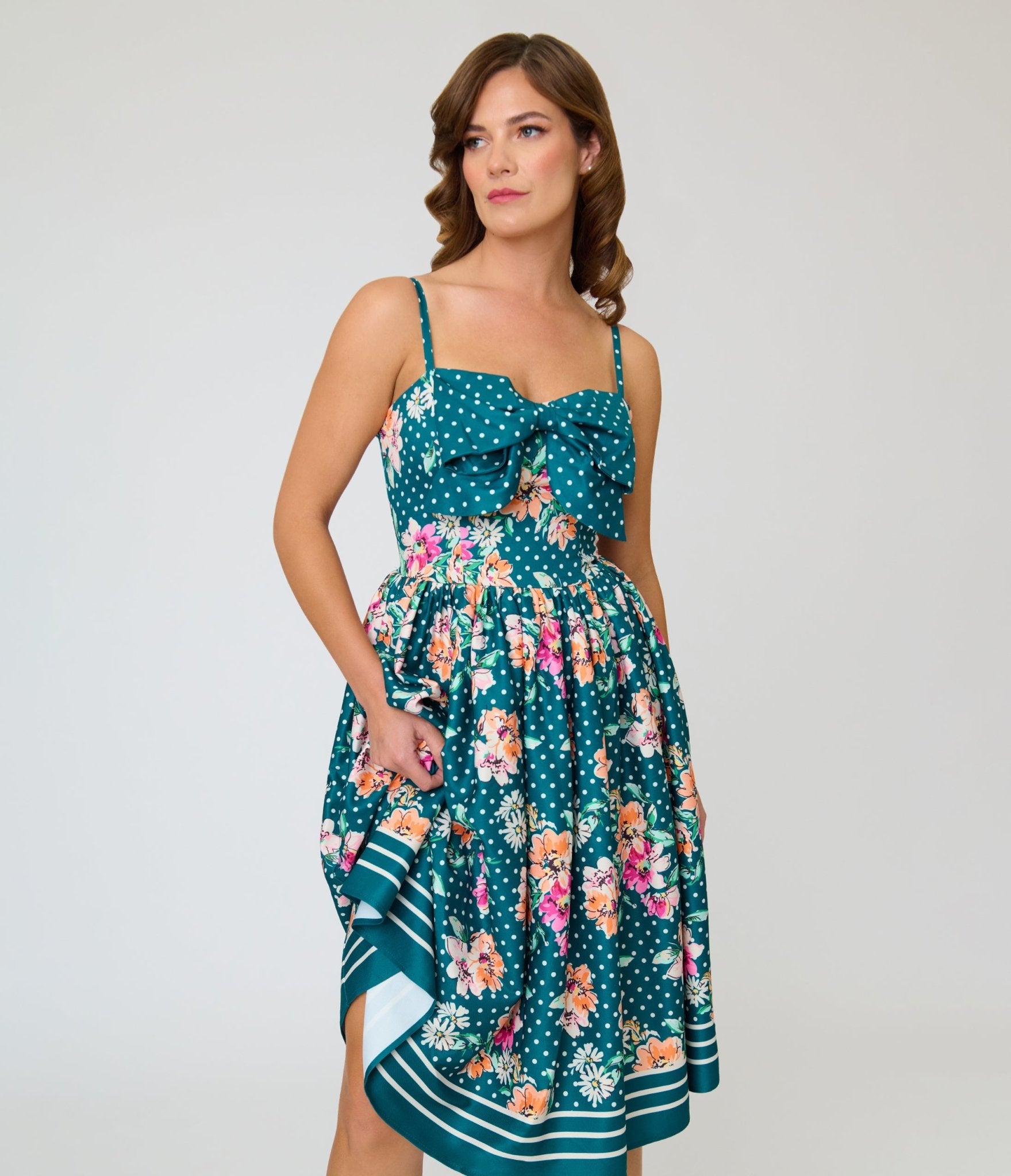 Unique Vintage Teal Polka Dot & Floral Bow Sweetheart Swing Dress - Unique Vintage - Womens, DRESSES, SWING