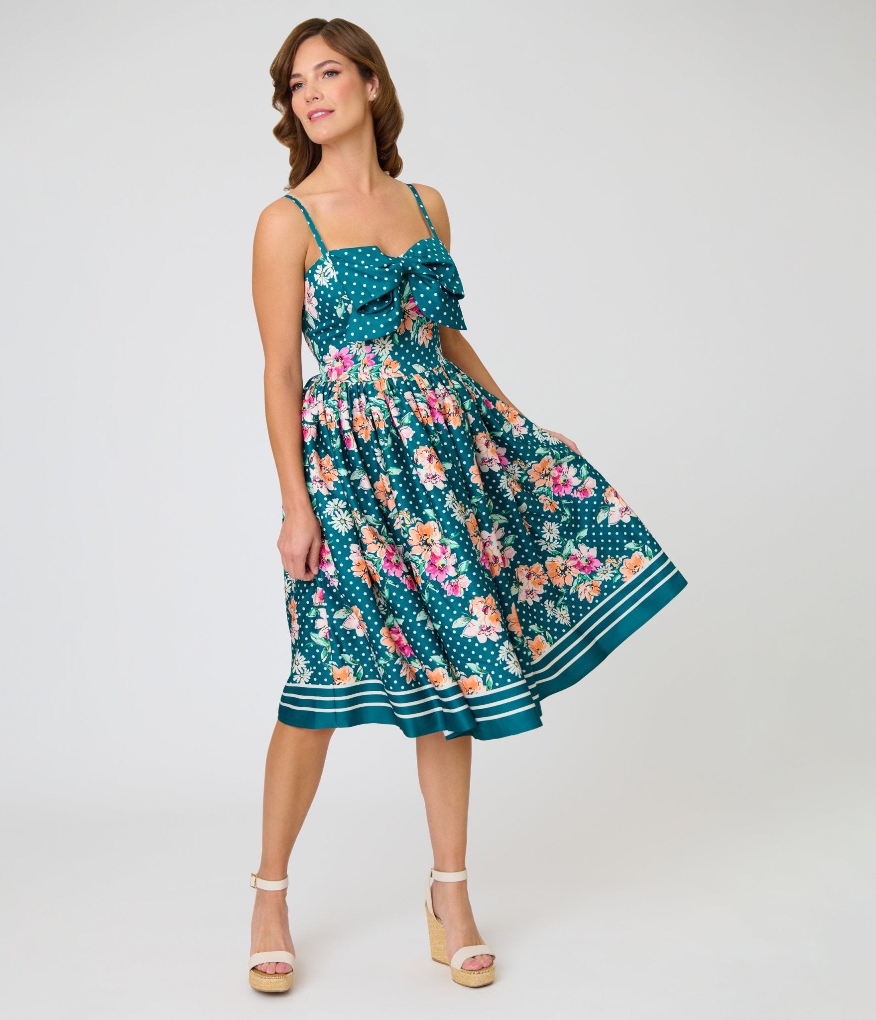 Unique Vintage Teal Polka Dot & Floral Bow Sweetheart Swing Dress - Unique Vintage - Womens, DRESSES, SWING