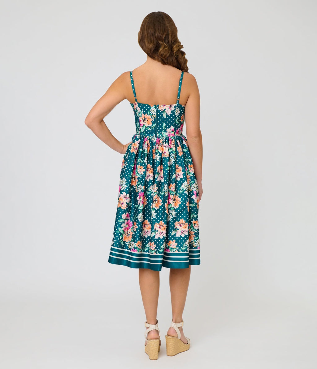 Unique Vintage Teal Polka Dot & Floral Bow Sweetheart Swing Dress - Unique Vintage - Womens, DRESSES, SWING