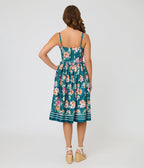 Unique Vintage Teal Polka Dot & Floral Bow Sweetheart Swing Dress - Unique Vintage - Womens, DRESSES, SWING