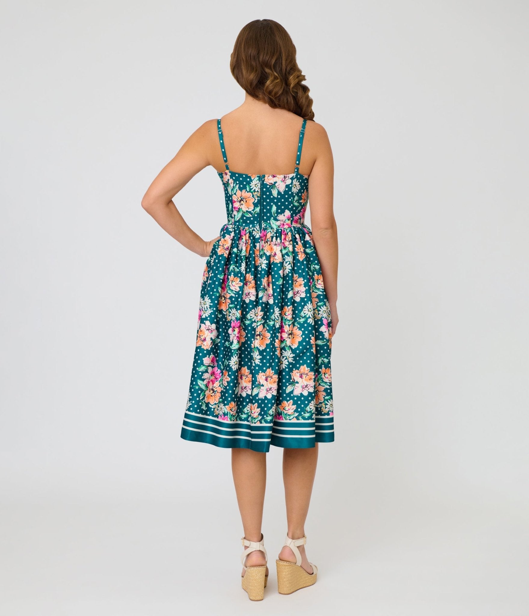 Unique Vintage Teal Polka Dot & Floral Bow Sweetheart Swing Dress - Unique Vintage - Womens, DRESSES, SWING