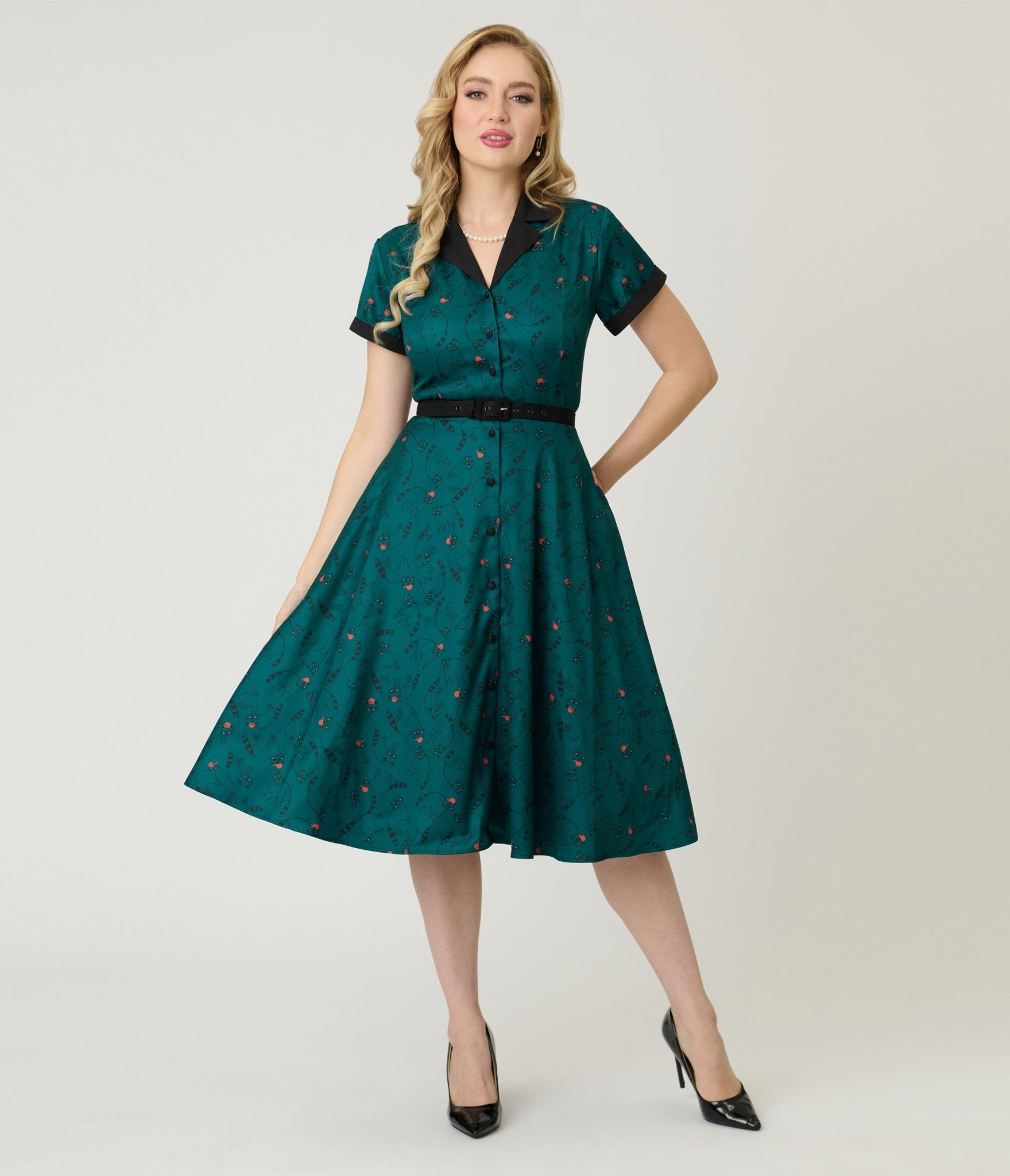 Unique Vintage Teal Raccoon Print Alexis Swing Dress