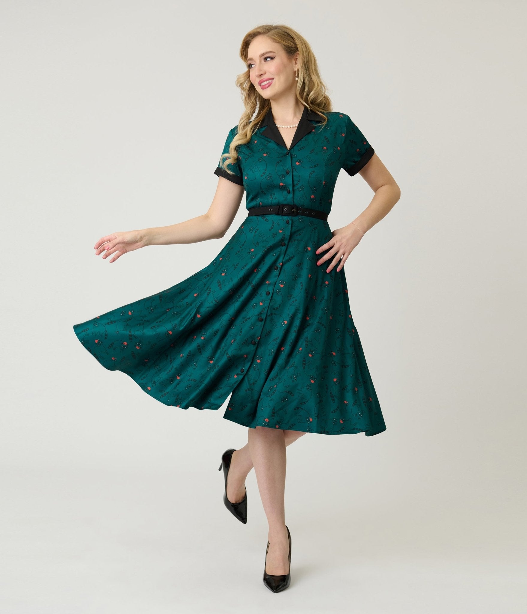 Unique Vintage Teal Raccoon Print Alexis Swing Dress