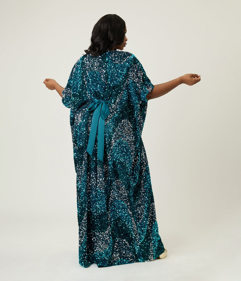 Unique Vintage Teal Sequin Burton Caftan Dress - Unique Vintage - Womens, DRESSES, CAFTAN