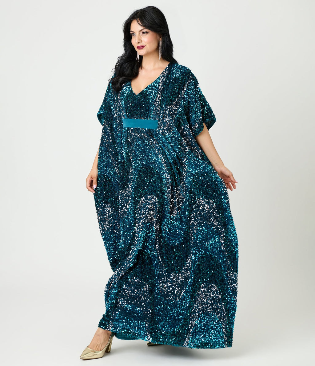 unique vintage emerald & gold sequin burton caftan dress reviews Unique Vintage Emerald Floral Fringe Flutter Sleeve Caftan 1X/16