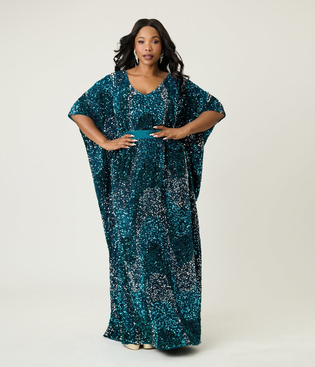 Unique Vintage Teal Sequin Burton Caftan Dress - Unique Vintage - Womens, DRESSES, CAFTAN