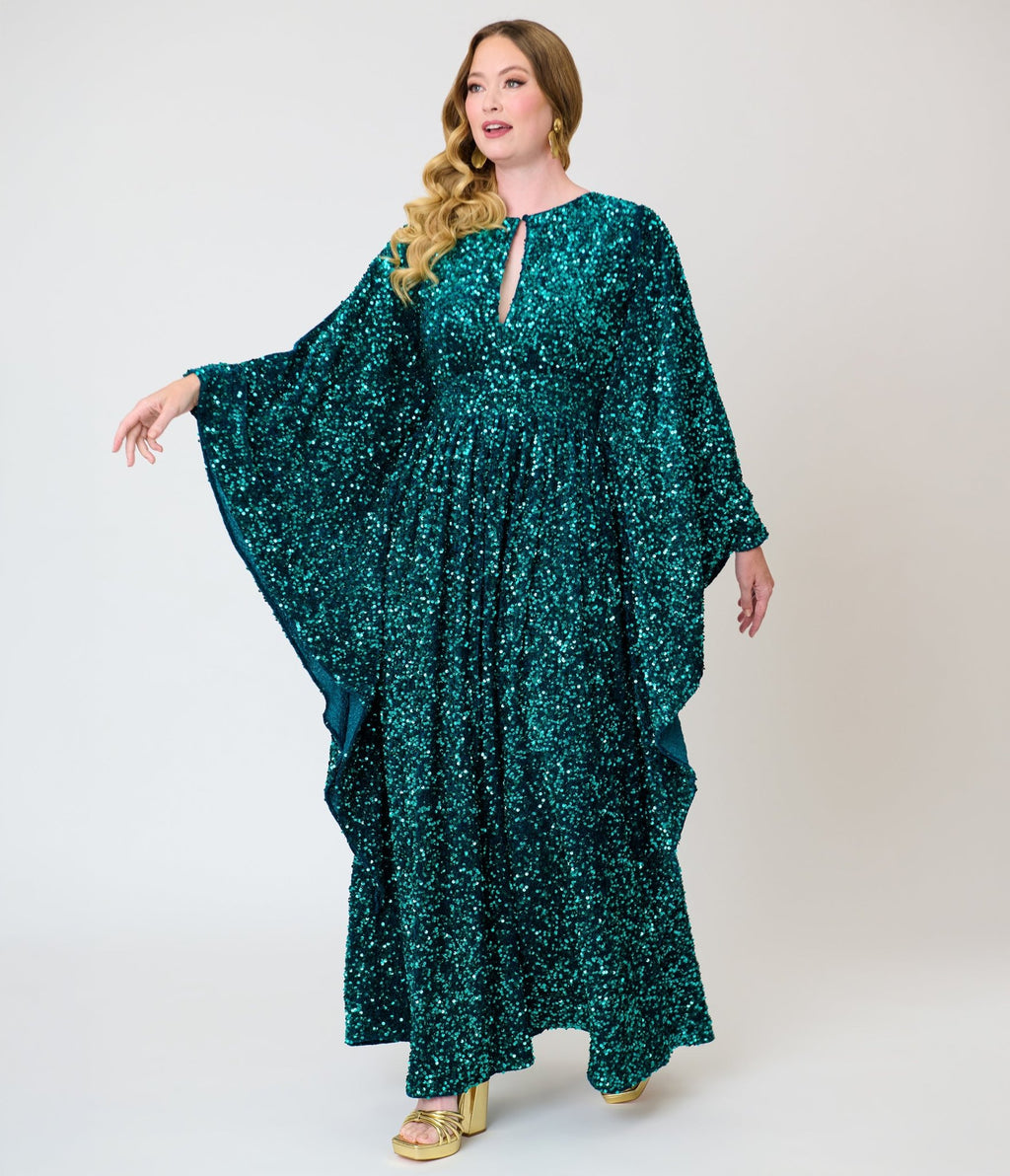 Unique Vintage Teal Sequin Flutter Sleeve Dionne Caftan - Unique Vintage -