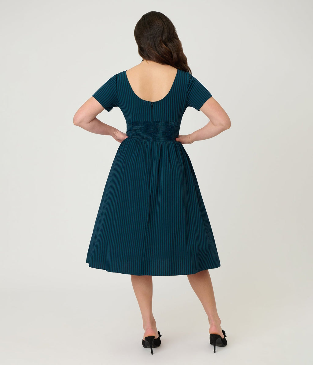 Unique Vintage Teal Stripe Dragonfly Brooch Swing Dress - Unique Vintage - Womens, DRESSES, SWING
