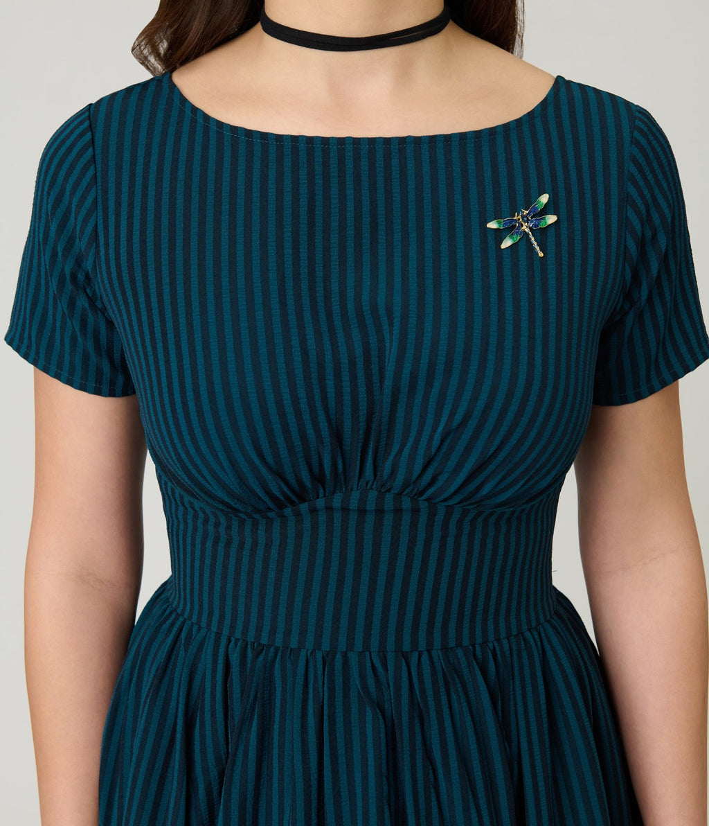 Unique Vintage Teal Stripe Dragonfly Brooch Swing Dress - Unique Vintage - Womens, DRESSES, SWING