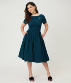 Unique Vintage Teal Stripe Dragonfly Brooch Swing Dress - Unique Vintage - Womens, DRESSES, SWING