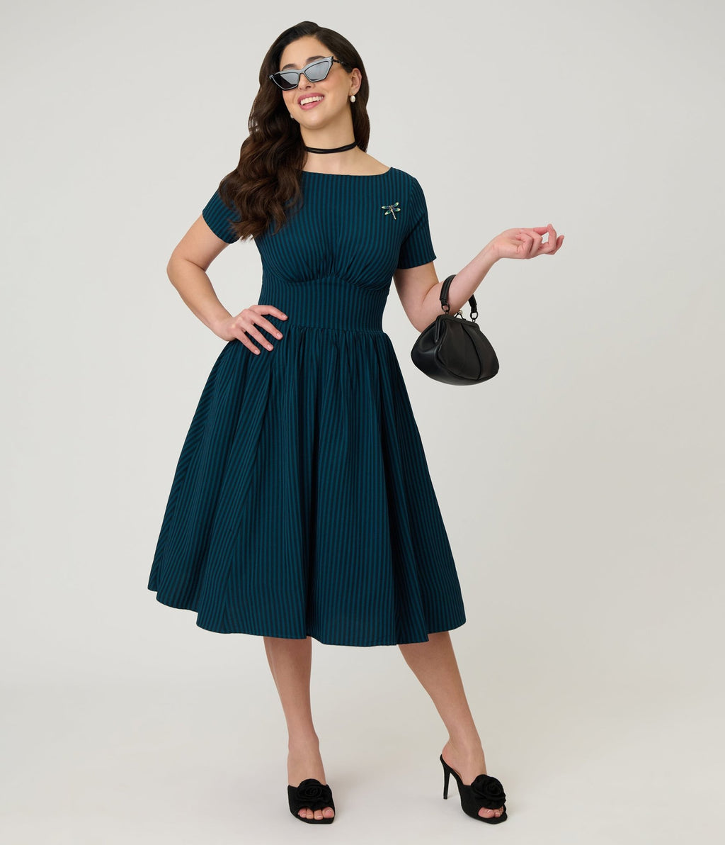 Unique Vintage Teal Stripe Dragonfly Brooch Swing Dress - Unique Vintage - Womens, DRESSES, SWING