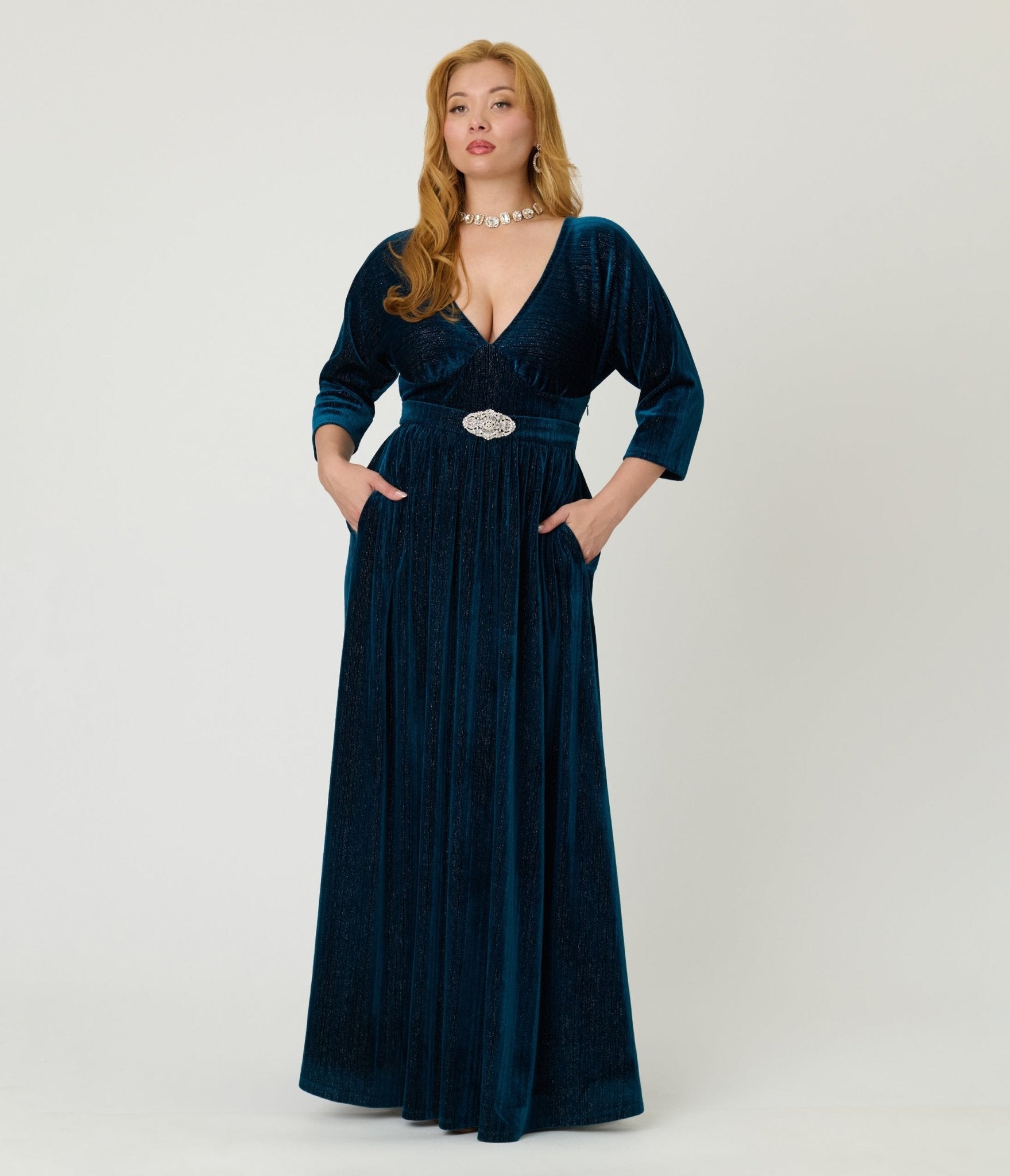 Unique Vintage Teal Velvet Batwing Sleeve Maxi Dress