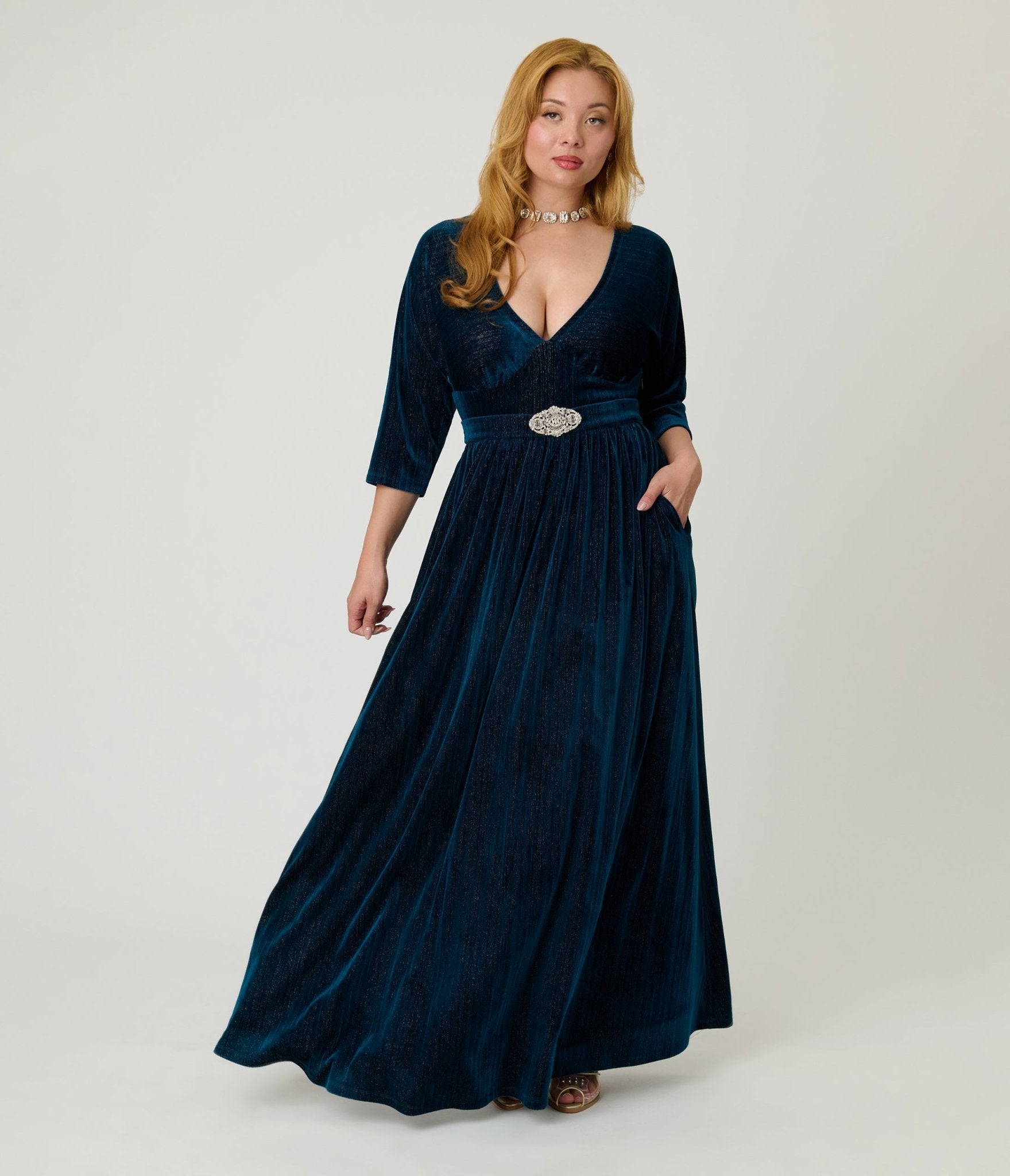 Unique Vintage Teal Velvet Batwing Sleeve Maxi Dress