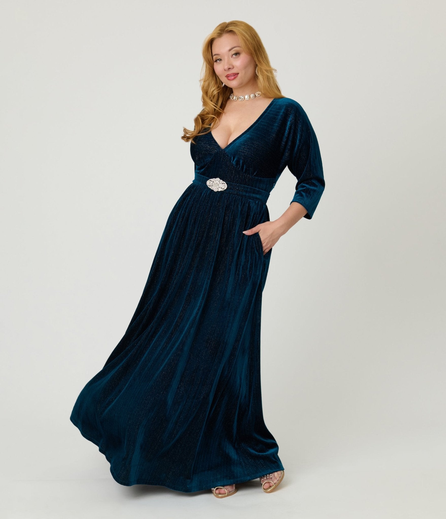 Unique Vintage Teal Velvet Batwing Sleeve Maxi Dress - Unique Vintage - Womens, DRESSES, MAXI