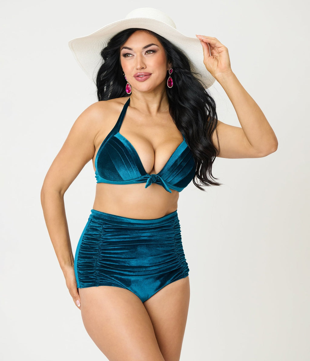 Unique Vintage Teal Velvet Monroe Halter Swim Top - Unique Vintage - Womens, SWIM, TOP