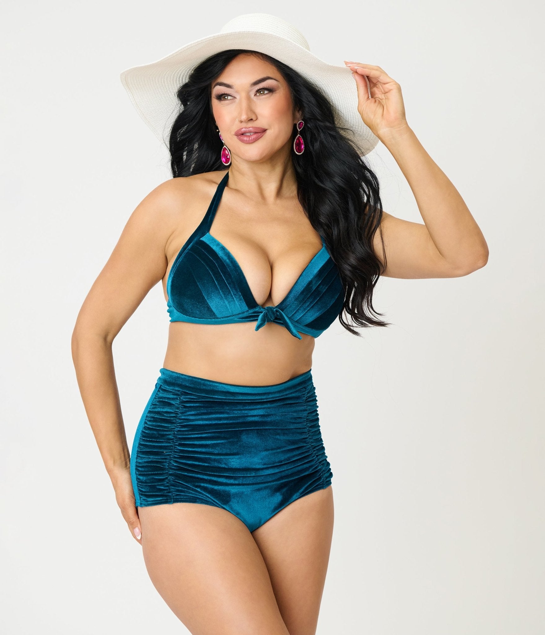 Unique Vintage Teal Velvet Monroe Halter Swim Top - Unique Vintage - Womens, SWIM, TOP