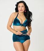 Unique Vintage Teal Velvet Monroe Halter Swim Top - Unique Vintage - Womens, SWIM, TOP