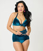 Unique Vintage Teal Velvet Monroe Halter Swim Top