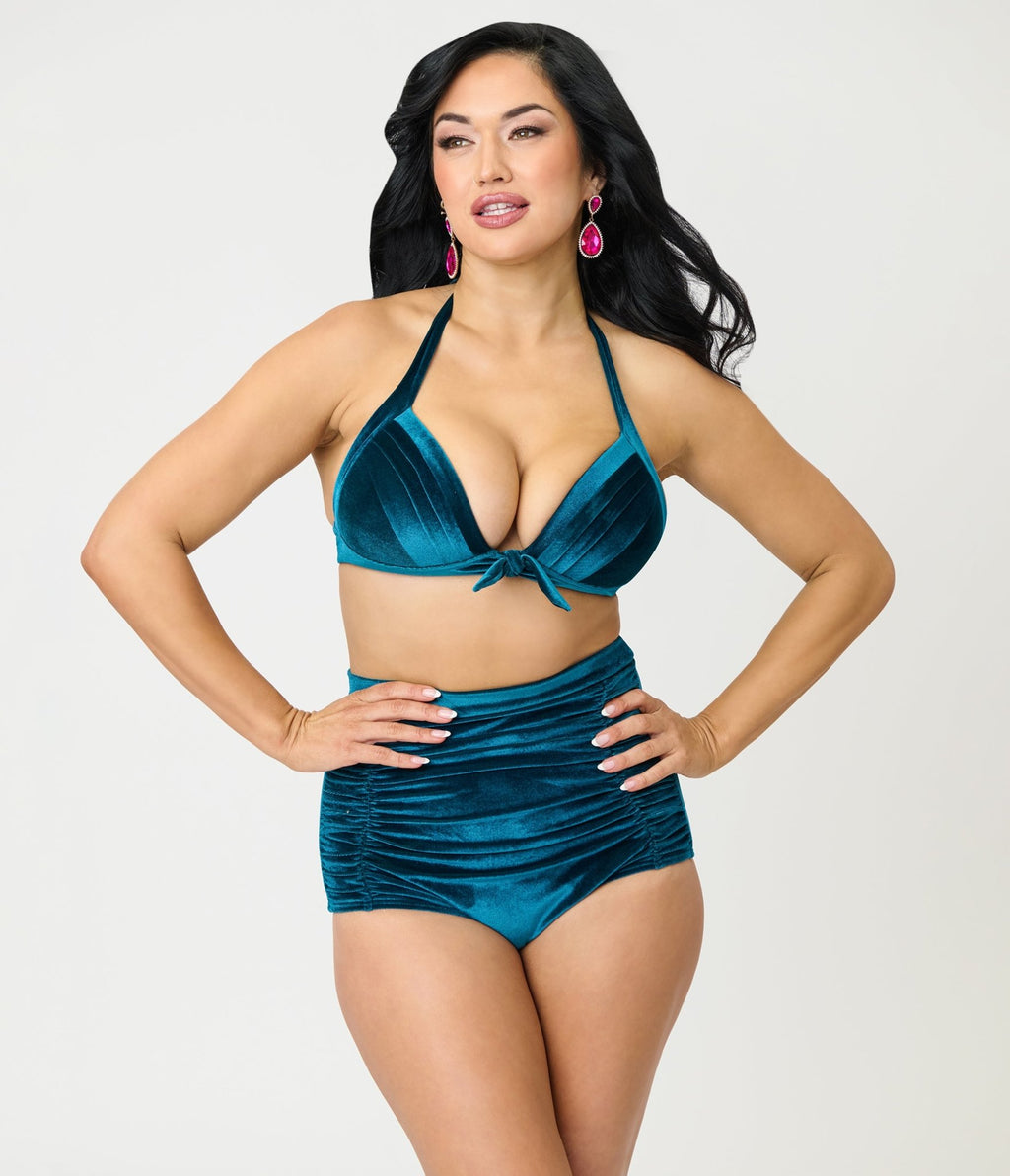 Unique Vintage Teal Velvet Monroe Halter Swim Top - Unique Vintage - Womens, SWIM, TOP