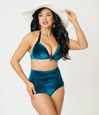 Unique Vintage Teal Velvet Monroe High Waist Bikini Bottom - Unique Vintage - Womens, SWIM, BOTTOM