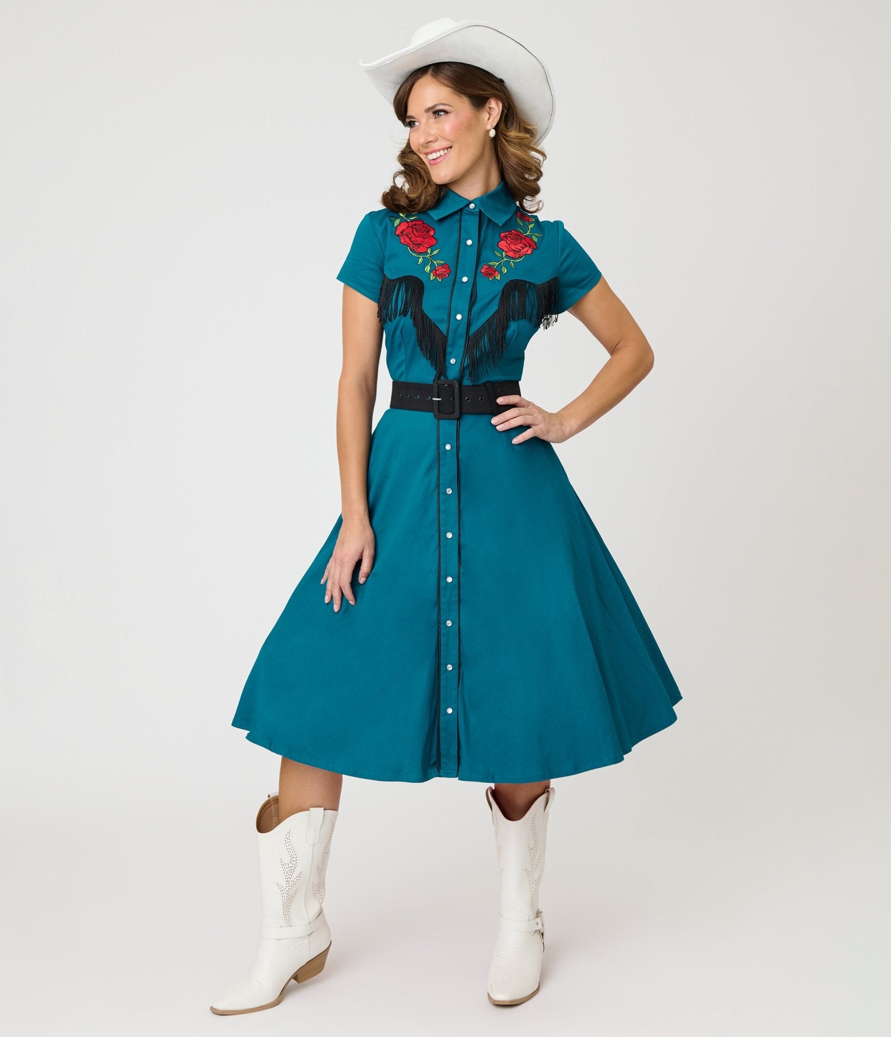 western women dresses Unique Vintage Teal & Western Rose Madeline Swing Dress