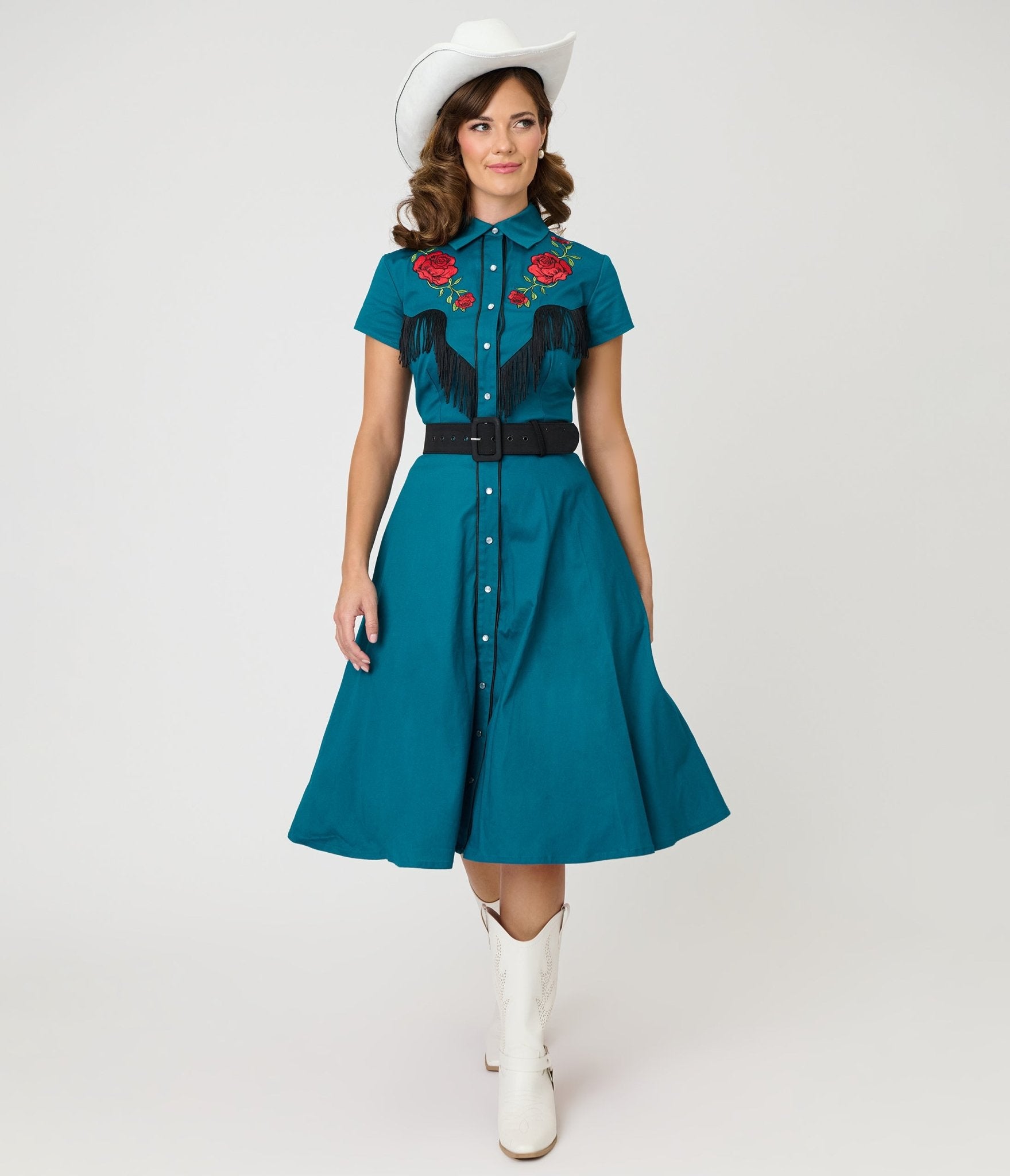 Unique Vintage Teal & Western Rose Madeline Swing Dress Unique Vintage Teal & Western Rose Madeline Swing Dress